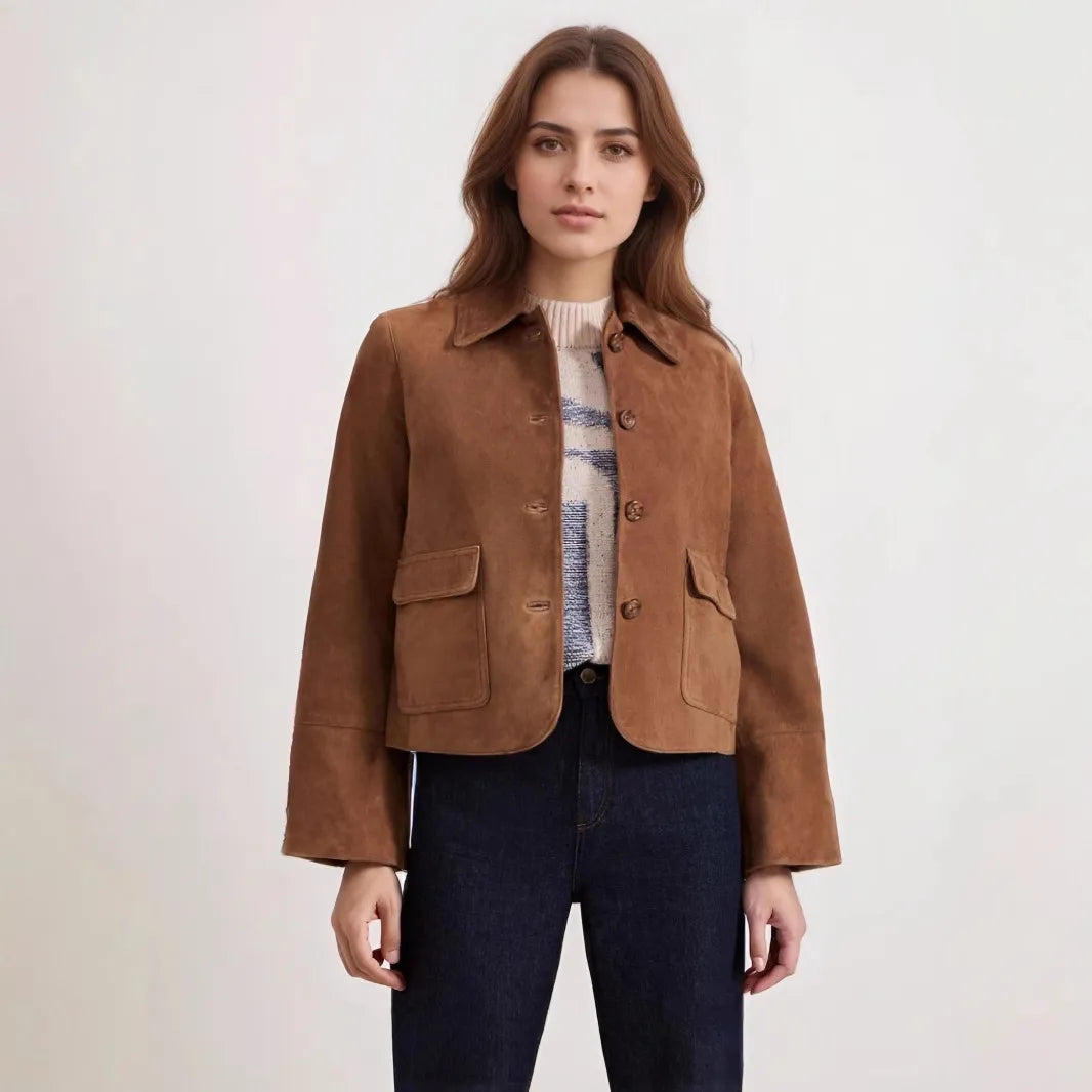 Kurze Wildlederjacke mit Fronttaschen für Damen - Alenor