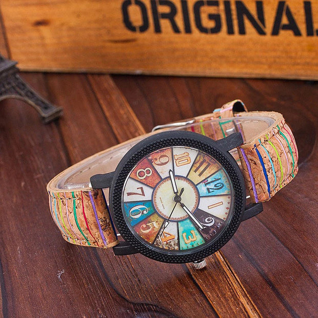 Vintage-Quarzuhr Für Damen - Retro-Design Mit Dschungelfarbton, Buntes Zifferblatt, Naturtexturband, Präzise Quarzbewegung