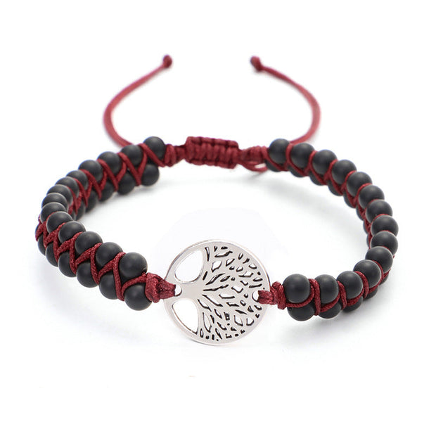 Geflochtenes Yoga Armband mit Anhänger des Baums des Lebens in Goldton, Natursteine, Baumwollkordel, Harmonisch
