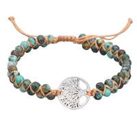 Geflochtenes Yoga Armband mit Anhänger des Baums des Lebens in Goldton, Natursteine, Baumwollkordel, Harmonisch