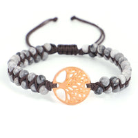 Geflochtenes Yoga Armband mit Anhänger des Baums des Lebens in Goldton, Natursteine, Baumwollkordel, Harmonisch
