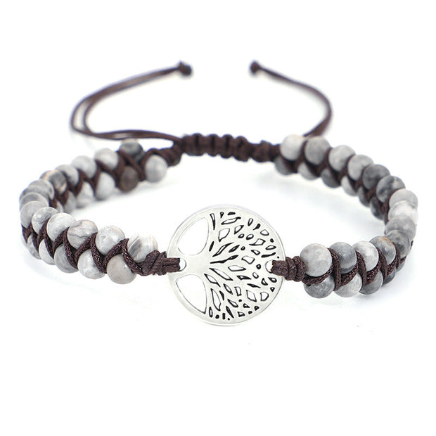 Geflochtenes Yoga Armband mit Anhänger des Baums des Lebens in Goldton, Natursteine, Baumwollkordel, Harmonisch