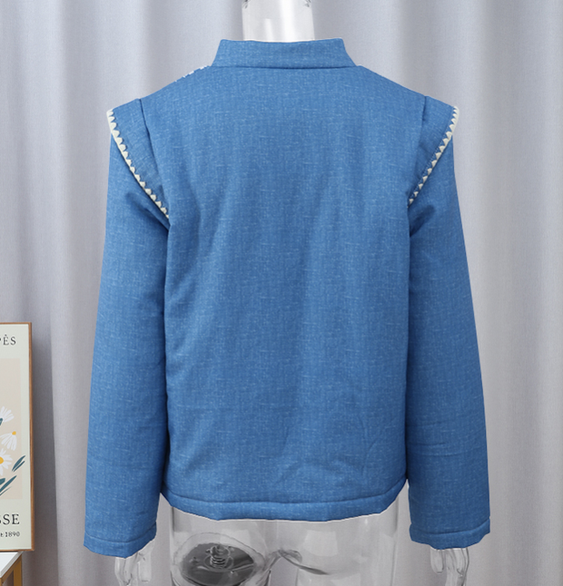 Jeansjacke mit Blumenstickerei und Stehkragen