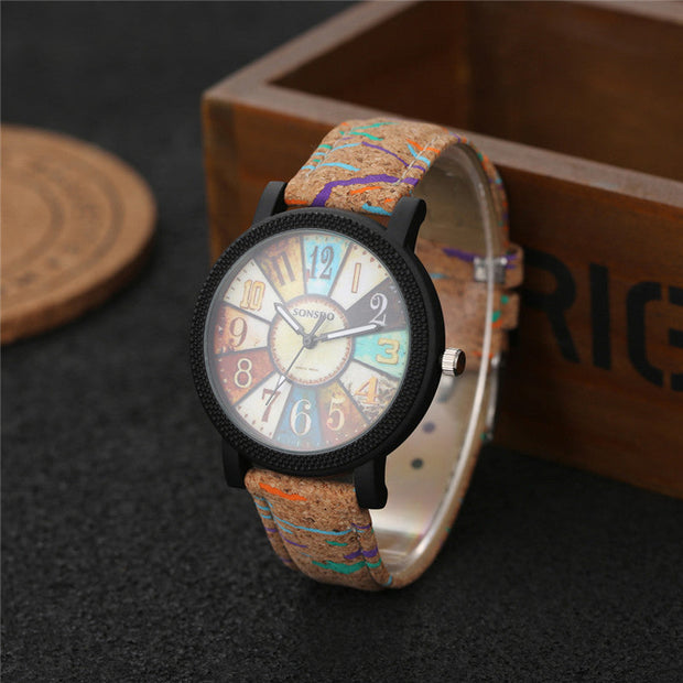Vintage-Quarzuhr Für Damen - Retro-Design Mit Dschungelfarbton, Buntes Zifferblatt, Naturtexturband, Präzise Quarzbewegung