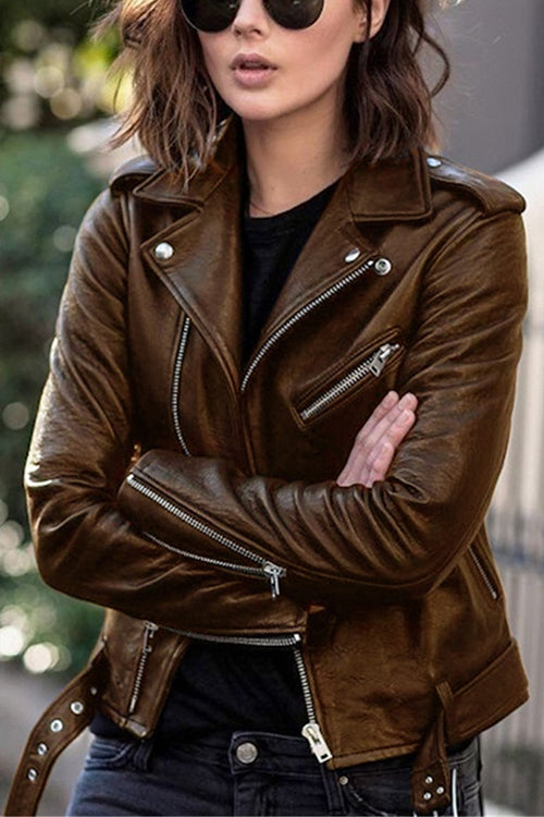Vintage-Kunstlederjacke mit Revers und Reißverschluss