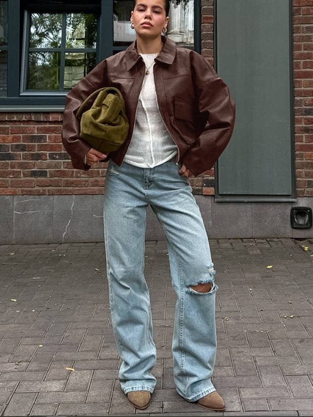 Lederjacke im Oversize-Schnitt mit Stehkragen