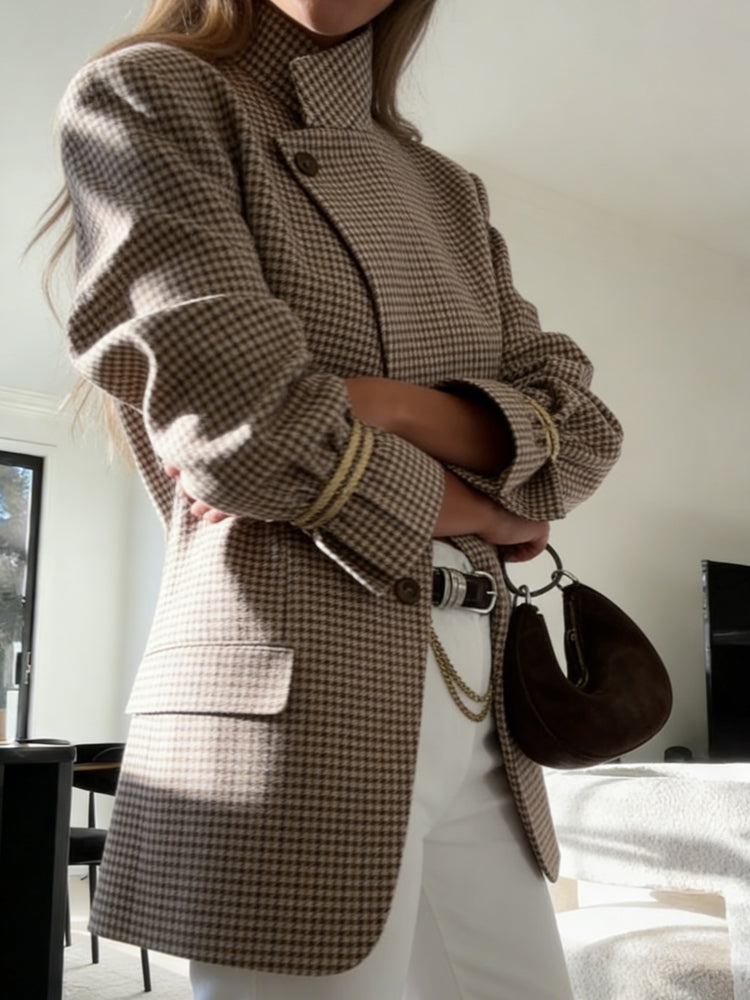 Blazer mit Karomuster, Stehkragen und lockerer Passform