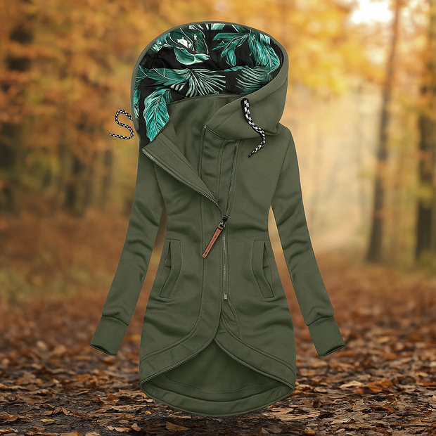 Bedruckte lange Jacke mit Kapuze und asymmetrischem Design - Ivanna