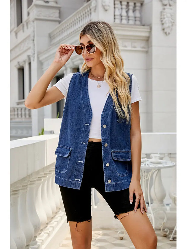 Jeansweste im Used-Look mit Taschen und lockerer Passform und Ärmelloser Schnitt