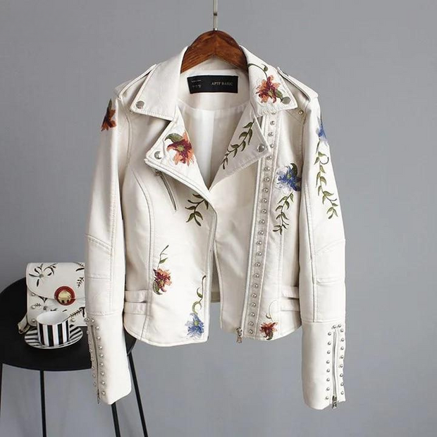 Lederjacke mit Blumenstickerei