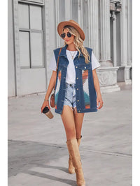 Jeansweste mit Patchwork, geometrischem Muster und Knopfverschluss