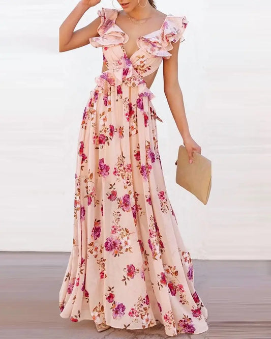 Sofia - Langes Sommerkleid mit offenem Rücken und Blumendruck
