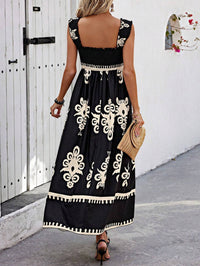 Langes Frauenkleid mit Bohème-Print, beige und schwarzer Strandträger - Zahara