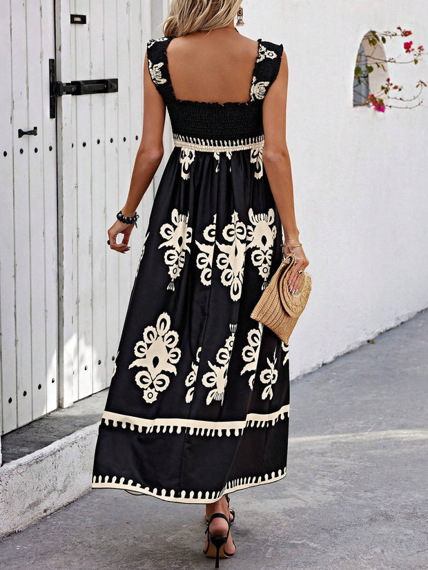 Langes Frauenkleid mit Bohème-Print, beige und schwarzer Strandträger - Zahara
