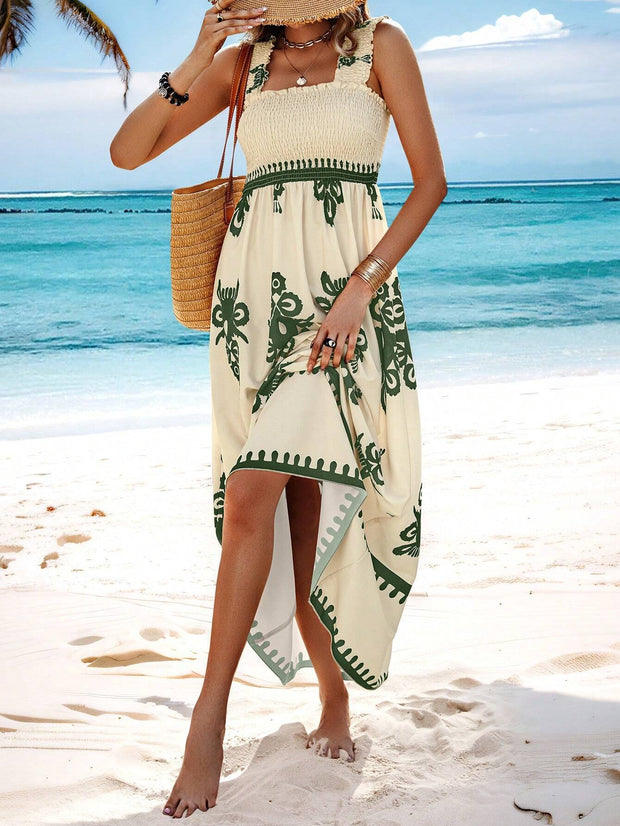 Langes Frauenkleid mit Bohème-Print, beige und schwarzer Strandträger - Zahara