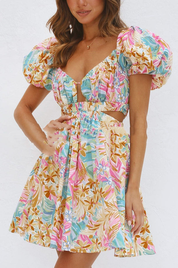 Kurzes Kleid mit Blumendruck und gerafftem Ausschnitt - Valeria