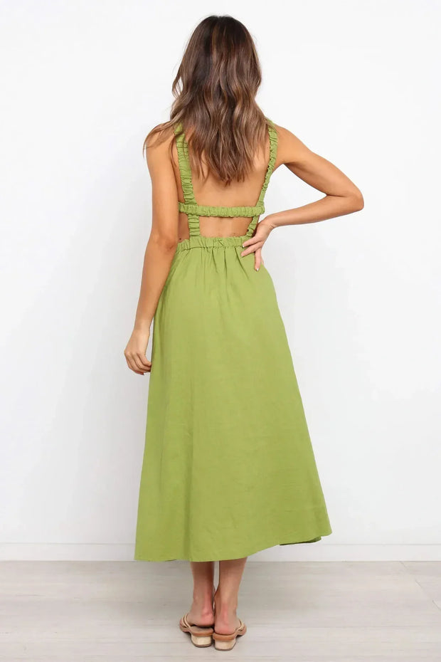 Midikleid mit Seitenschlitzen aus schwarzem Baumwoll-Leinen - Camila