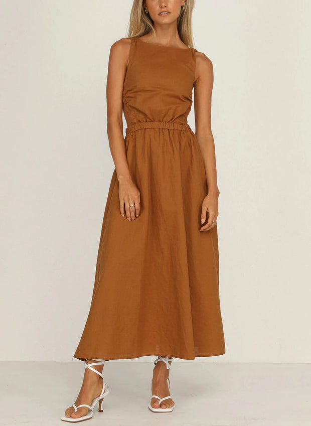 Midikleid mit Seitenschlitzen aus schwarzem Baumwoll-Leinen - Camila