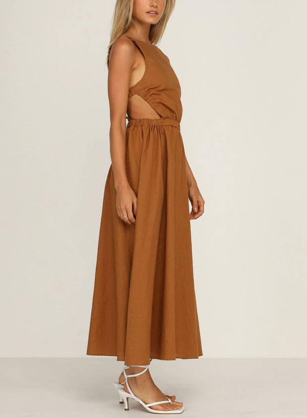 Midikleid mit Seitenschlitzen aus schwarzem Baumwoll-Leinen - Camila