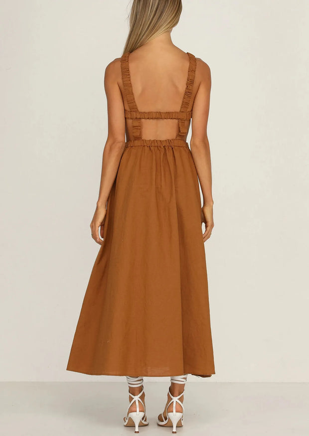Midikleid mit Seitenschlitzen aus schwarzem Baumwoll-Leinen - Camila