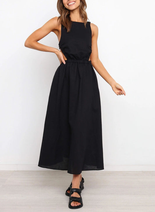 Midikleid mit Seitenschlitzen aus schwarzem Baumwoll-Leinen - Camila