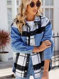 Jeansjacke im Oversize-Schnitt im Used-Look mit Karomuster