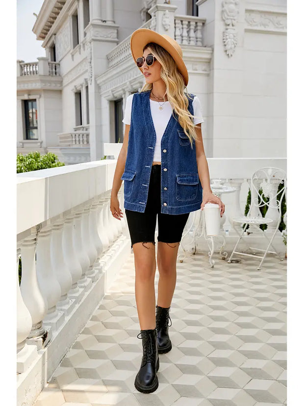 Jeansweste im Used-Look mit Taschen und lockerer Passform und Ärmelloser Schnitt