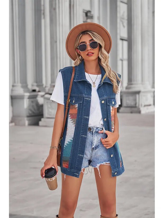 Jeansweste mit Patchwork, geometrischem Muster und Knopfverschluss