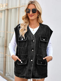Jeansweste im Used-Look mit Knopfverschluss und mehreren Taschen