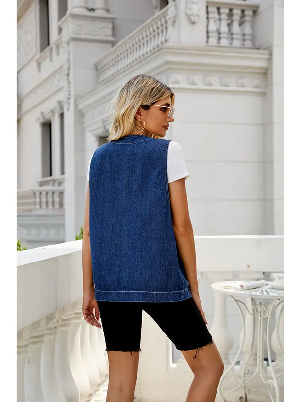 Jeansweste im Used-Look mit Taschen und lockerer Passform und Ärmelloser Schnitt