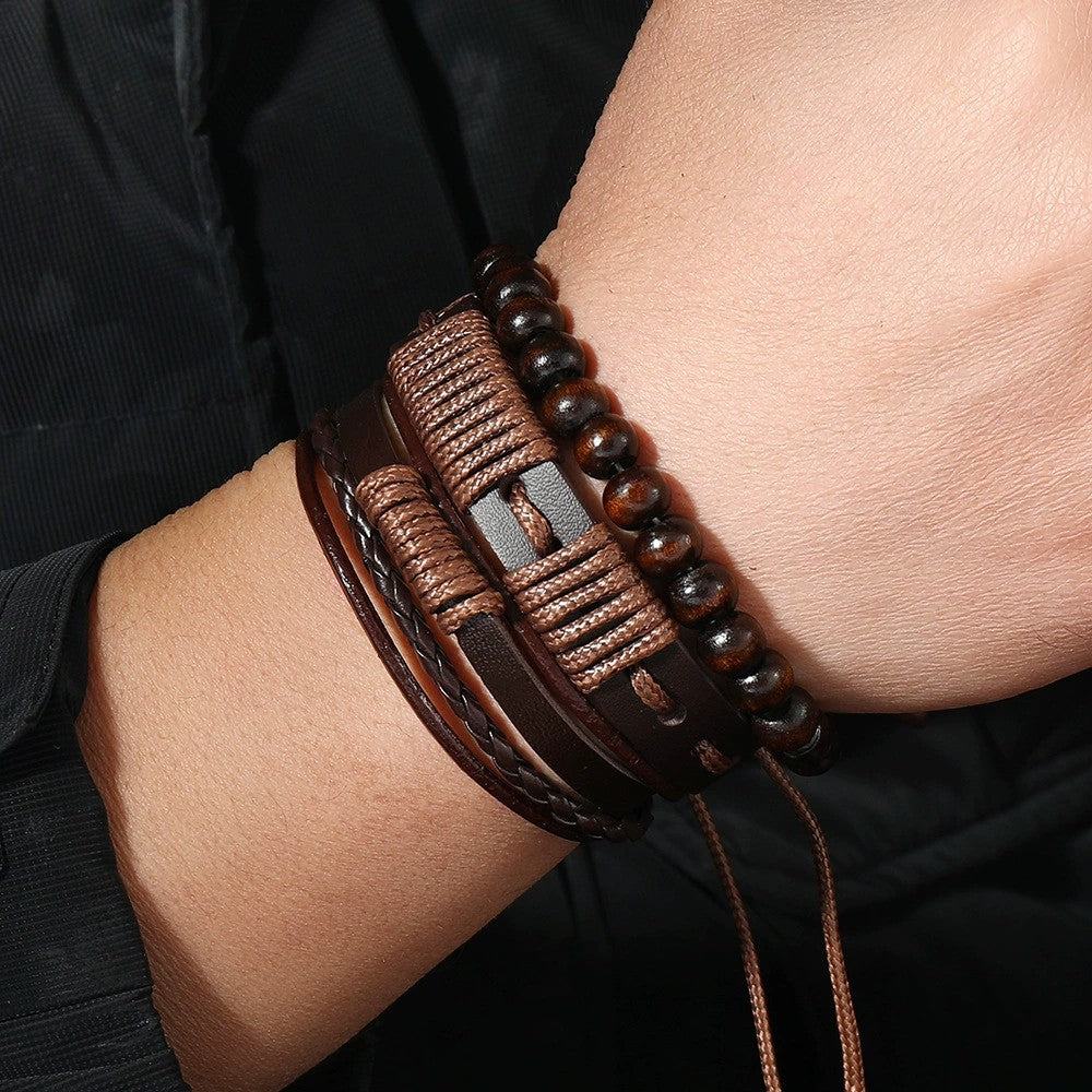 Dreiteiliges Armband Aus Leder Und Gewachste Schnur Mit Tribal Design Für Herren Terrakai