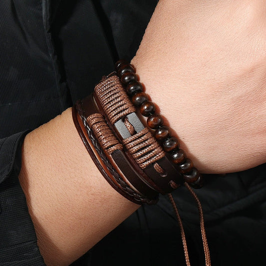 Dreiteiliges Armband Aus Leder Und Gewachste Schnur Mit Tribal Design Für Herren Terrakai
