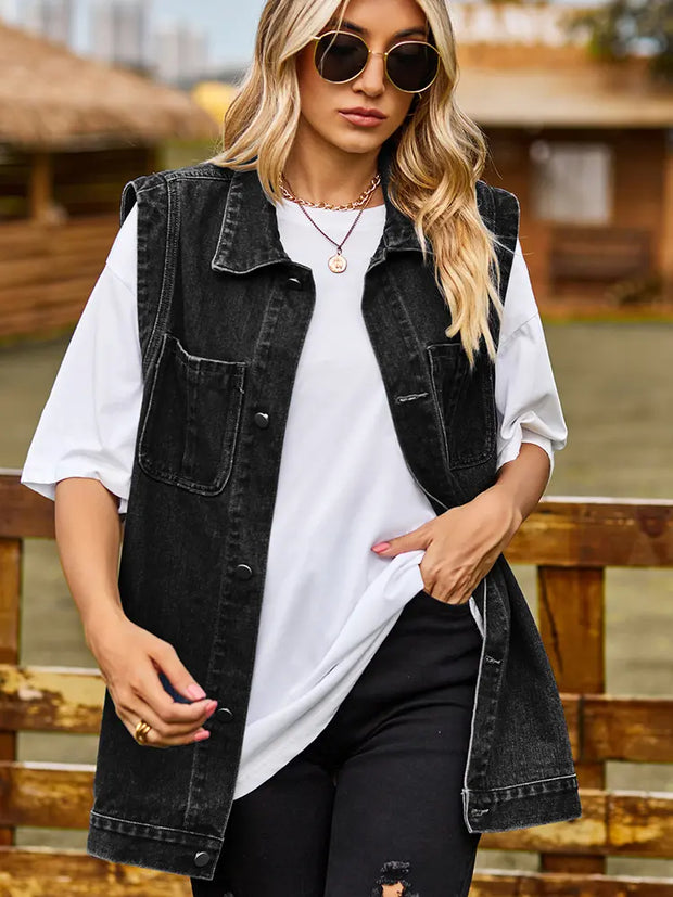 Jeansweste mit Knopfverschluss, Taschen und lockerer Passform