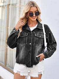 Jeansjacke im Used-Look mit Perlendetails und langen Ärmeln