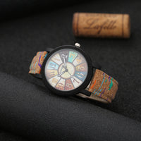 Vintage-Quarzuhr Für Damen - Retro-Design Mit Dschungelfarbton, Buntes Zifferblatt, Naturtexturband, Präzise Quarzbewegung
