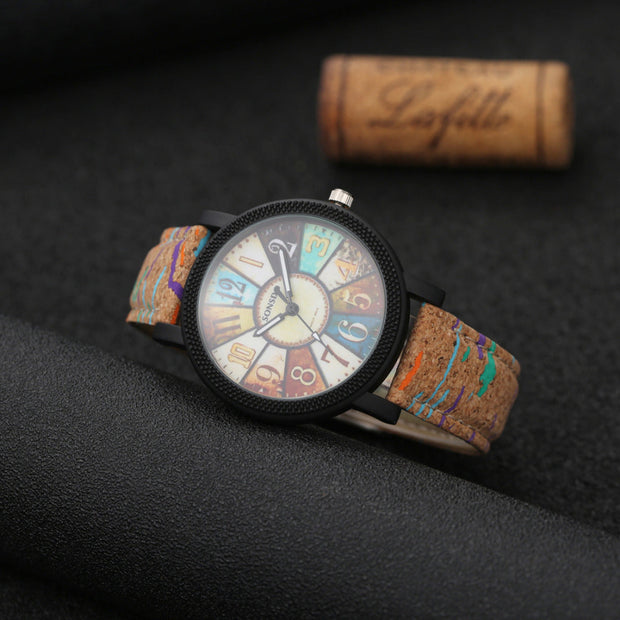 Vintage-Quarzuhr Für Damen - Retro-Design Mit Dschungelfarbton, Buntes Zifferblatt, Naturtexturband, Präzise Quarzbewegung
