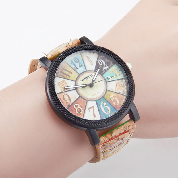 Vintage-Quarzuhr Für Damen - Retro-Design Mit Dschungelfarbton, Buntes Zifferblatt, Naturtexturband, Präzise Quarzbewegung