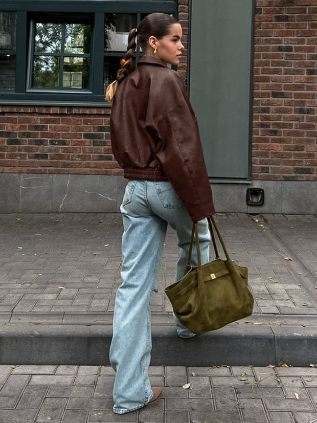Lederjacke im Oversize-Schnitt mit Stehkragen