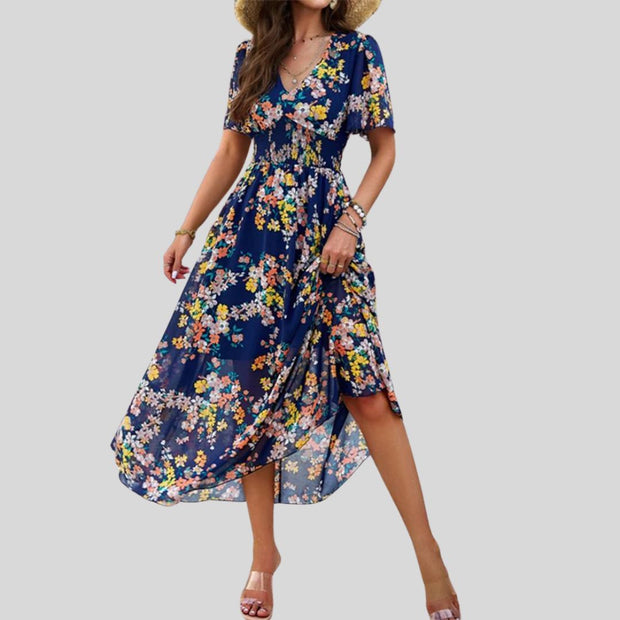 Mareina - Midikleid mit floralem V-Ausschnitt und kurzen Ärmeln