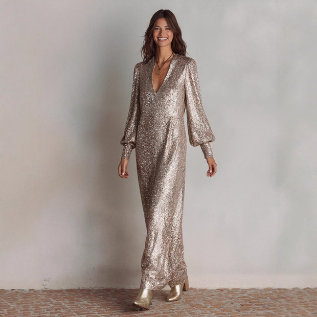 Damen Paillettenkleid lang fließend Seitenschlitz - Annelise