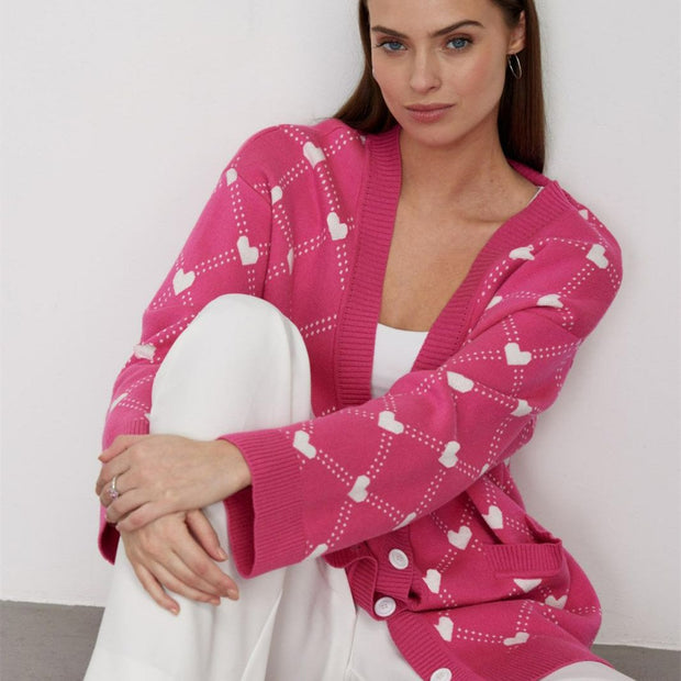 Damen Strickjacke mit Knöpfen und Herzdruck - Leeni