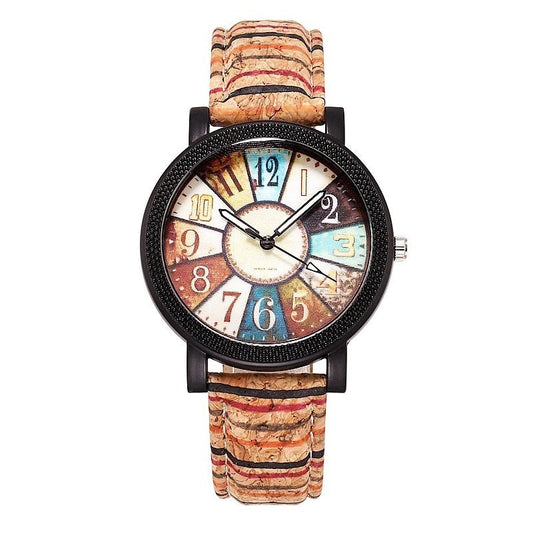 Vintage-Quarzuhr Für Damen - Retro-Design Mit Dschungelfarbton, Buntes Zifferblatt, Naturtexturband, Präzise Quarzbewegung