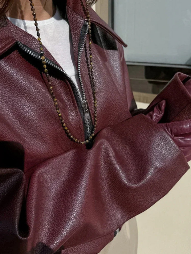 Rote Vintage-Lederjacke mit Reißverschluss