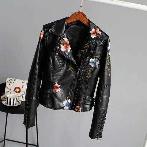 Lederjacke mit Blumenstickerei
