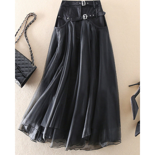 Damen Midi-Rock mit hoher Taille und Lagenlook – mit Gürtel