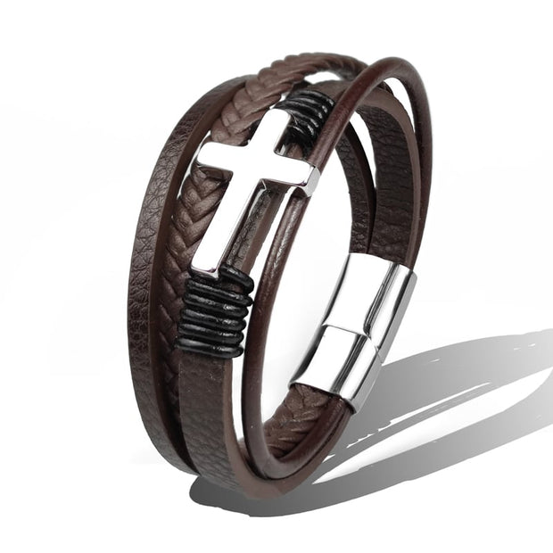 Herrenarmband Aus Geflochtenem Leder Mit Kreuz Aus Edelstahl Sentinel Stilvoll Und Bedeutend