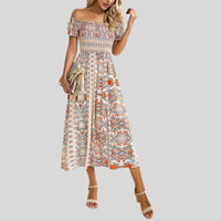 Aurora - Langes Boho-Kleid mit freien Schultern und Rüschen