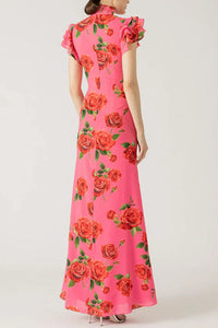 Elena - Langes Kleid mit ausgestellten Ärmeln und floralem Rosendruck