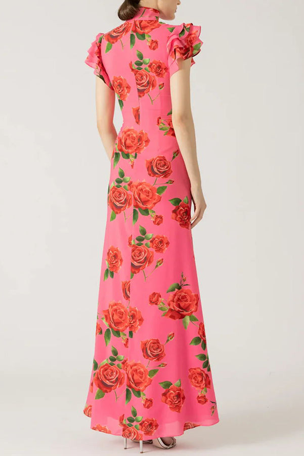 Elena - Langes Kleid mit ausgestellten Ärmeln und floralem Rosendruck