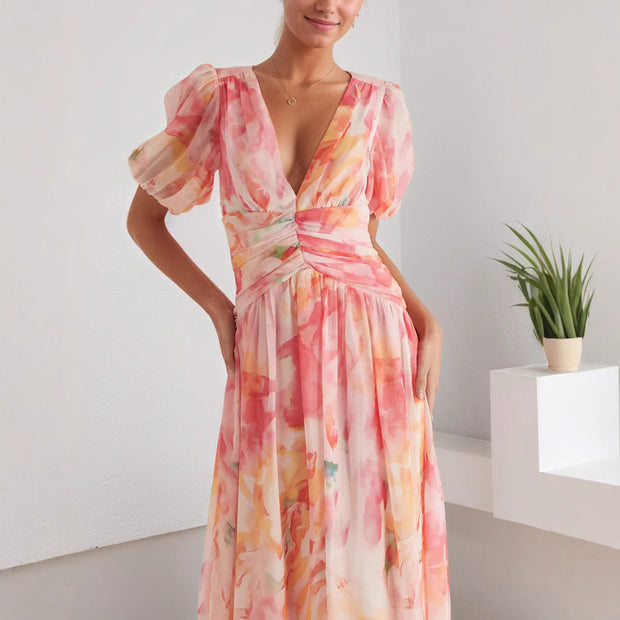 Bedrucktes langes Kleid mit V-Ausschnitt für Frauen - Adriana